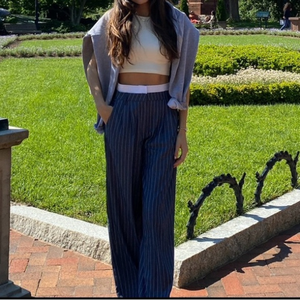 Bershka Navy Striped Wide Leg Pants